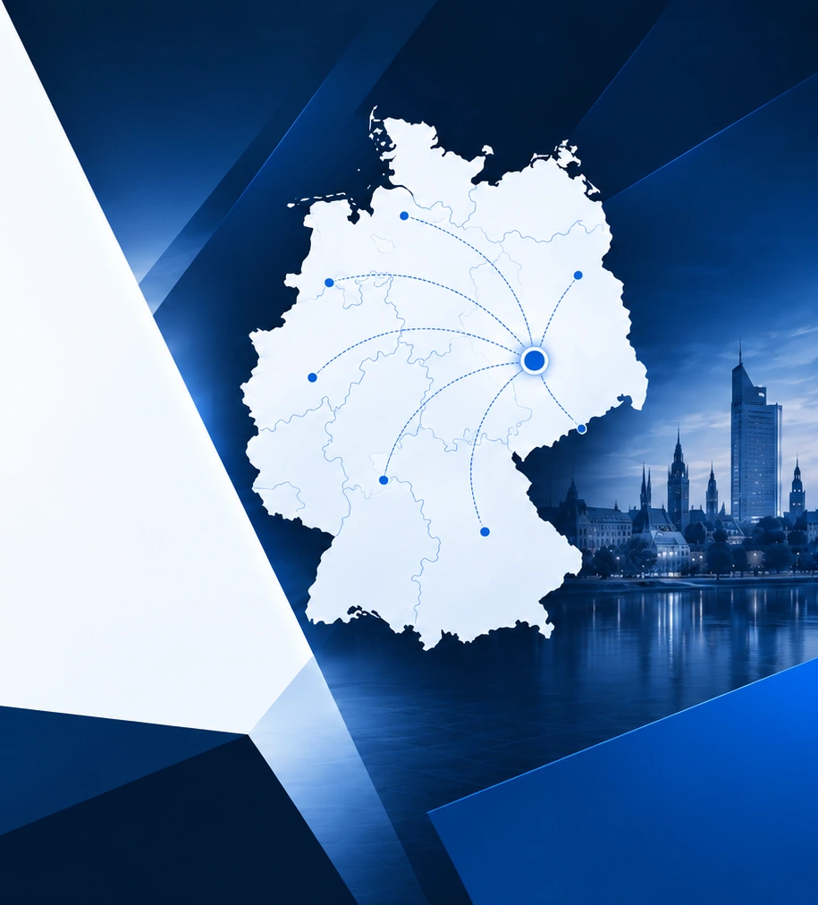 Deutschlandkarte mit Leipzig als Ausgangspunkt für digitale Zusammenarbeit