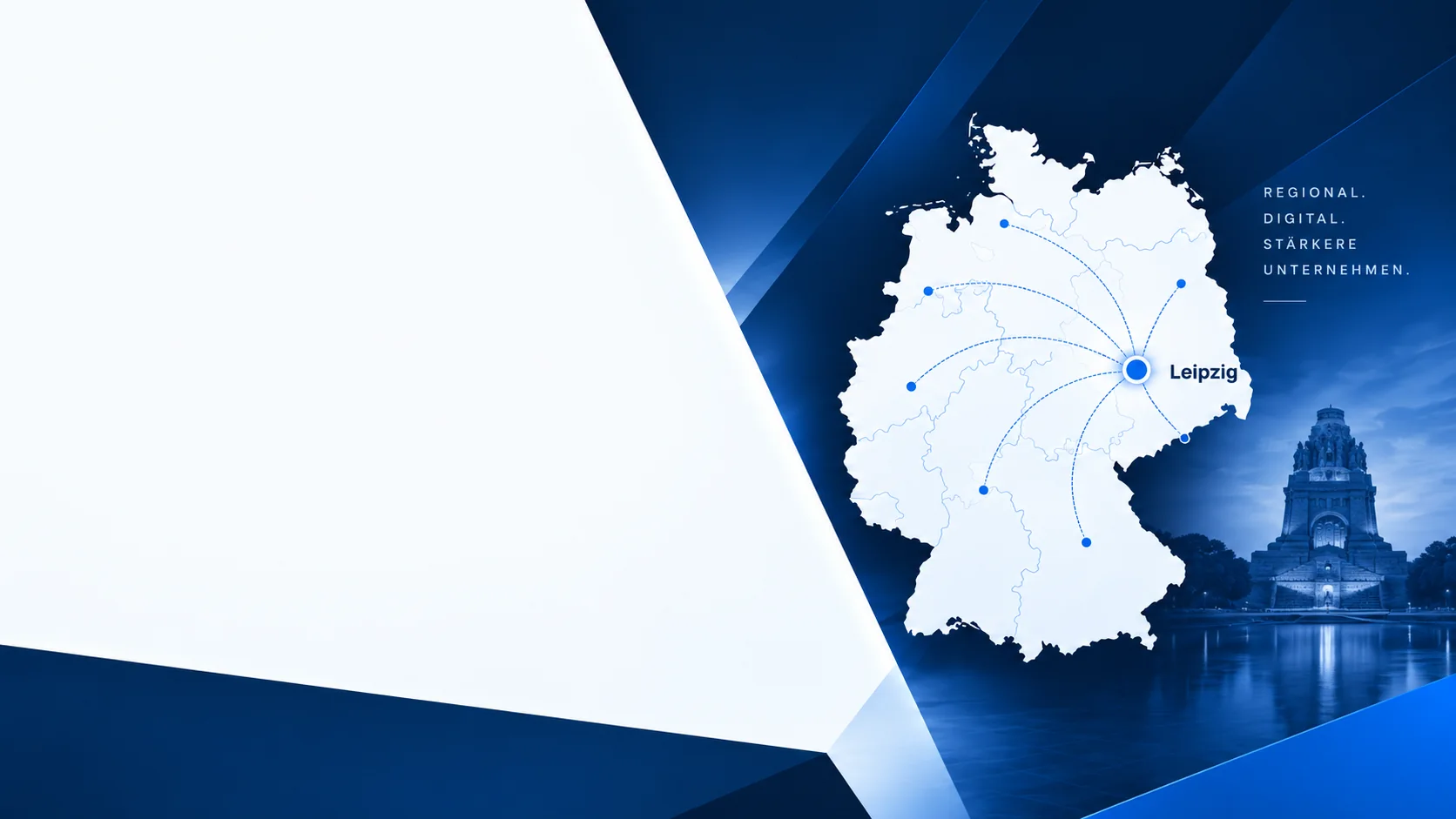 Deutschlandkarte mit Leipzig als Mittelpunkt und Verbindungen in ganz Deutschland vor dem Völkerschlachtdenkmal in Leipzig